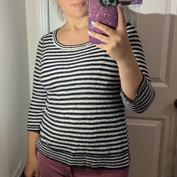 COPY - ADORABLE ART TO WEAR TOP SIZE L LARGE STRIPE CREAM BLACK EUC SWEATER SHIโฆ - Picture 1 of 13